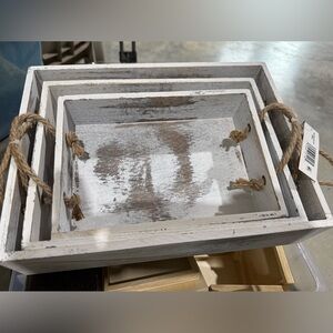Distressed White Wooden Vanity Tray with Rope Handles